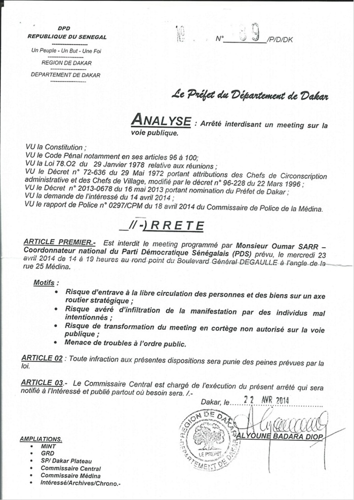 Interdiction du meeting du Pds programmé par Oumar Sarr