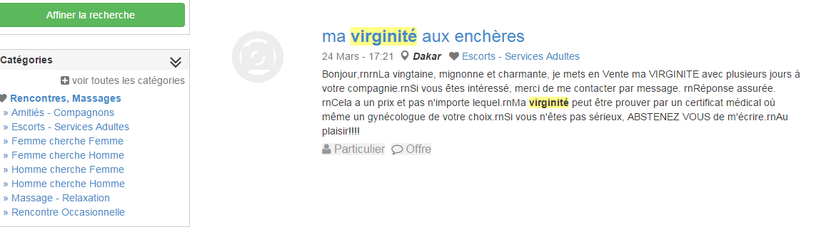 Une jeune Dakaroise vend sa virginité sur LEBONCOIN.FR : voici son message!