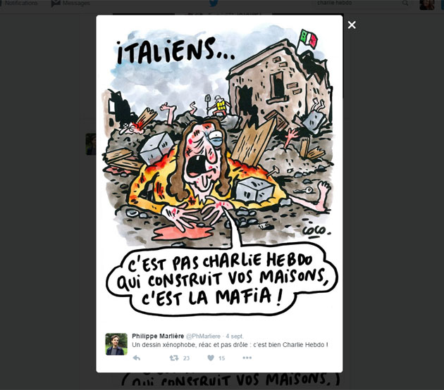 Amatrice (Italie) porte plainte contre Charlie Hebdo : « Un outrage macabre »
