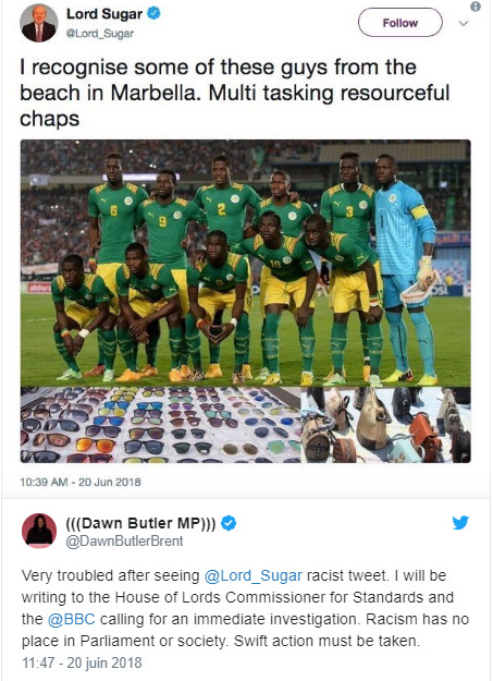 CM 2018 : le tweet raciste d’Alan Sugar sur l’équipe du Sénégal fait polémique en Angleterre