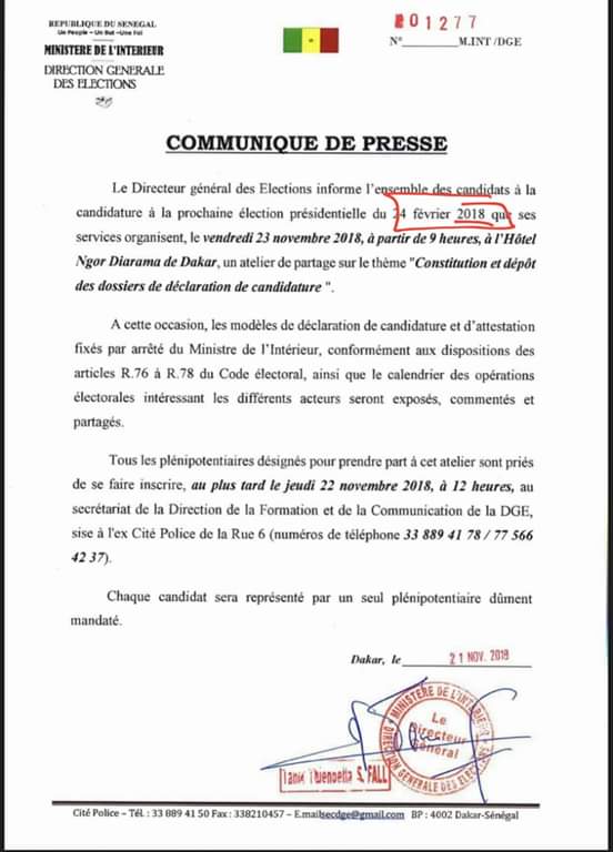 La présidentielle de 2019 ramenée au 24 février 2018 par l’organisateur