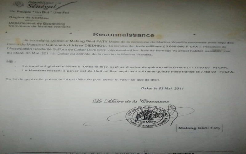 Foncier : le maire de Madina Wandifa accablé par une lettre de décharge contre la remise d’argent