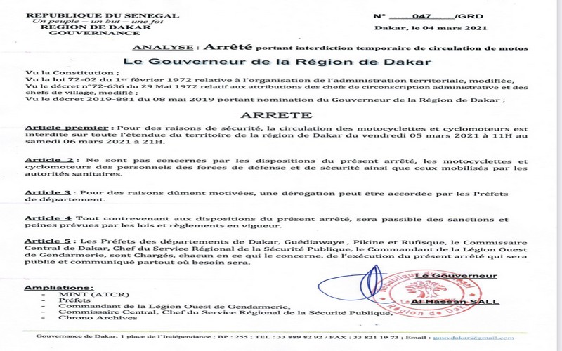 Le Gouverneur de Dakar interdit la circulation des motos